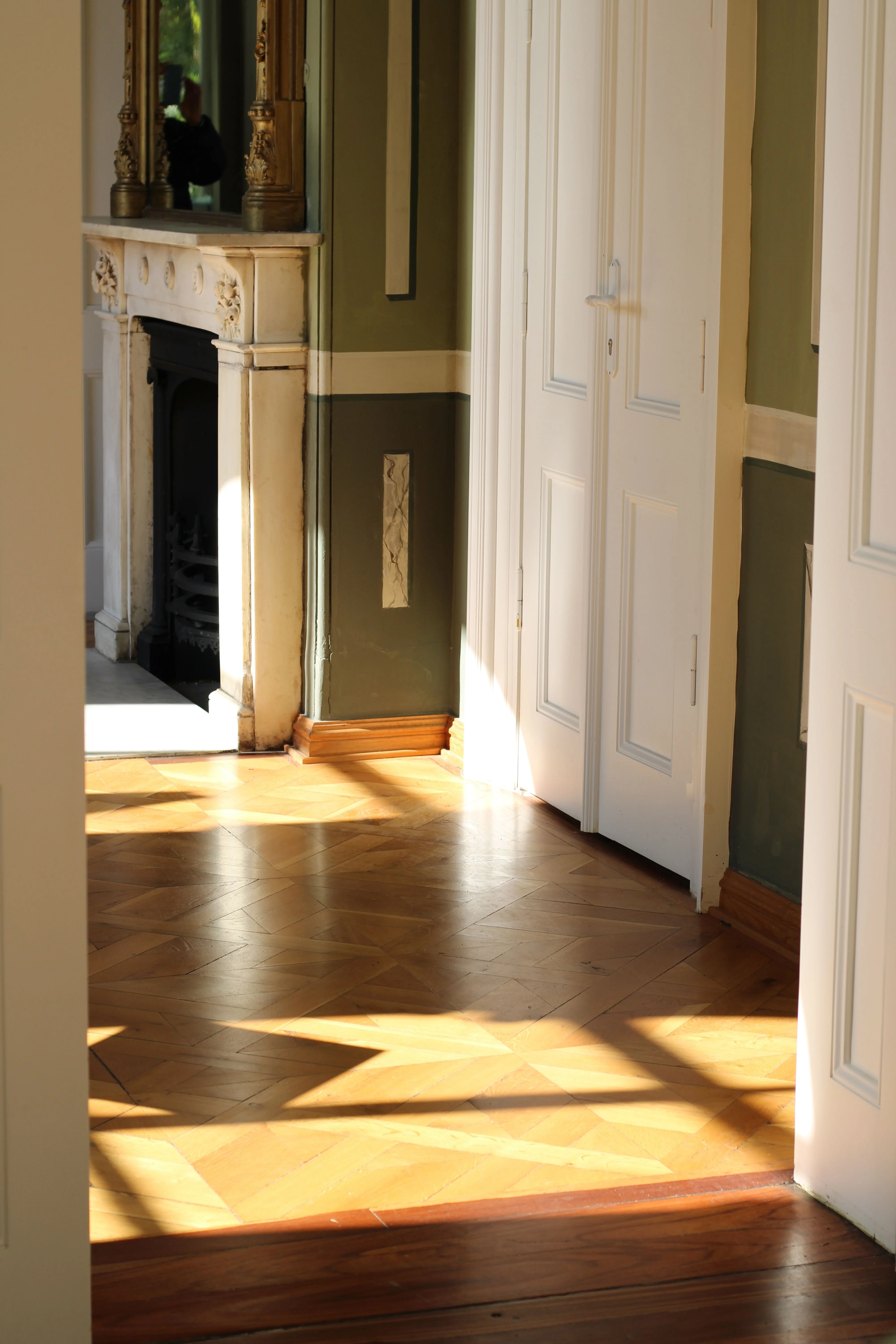 Cheminée ancienne et parquet en point de Hongrie