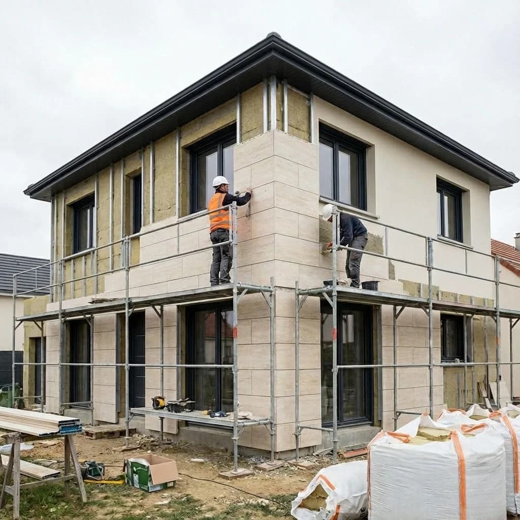 Pose d'un isolant en façade avant enduit de finition